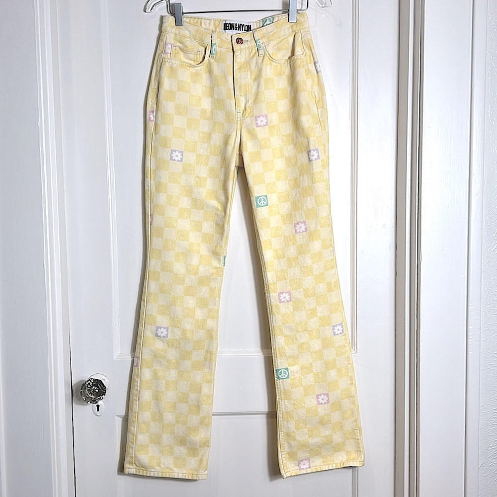 ASOS Neon & Nylon  High Waisted Flared Jeans Yellow Checkerboard 26 27